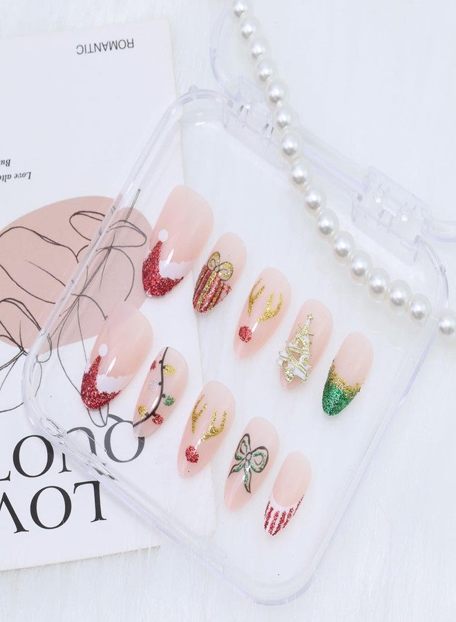 KRTBKR 24Pcs Christmas Press on Nails Short Almond Elk Fake Nails Colorful Lights Glitter Red Green Design with Xmas Tree Rhinestones Glue on Nails French Tip False Nails for Women Winter Holiday Acrylic DIY - Image 2